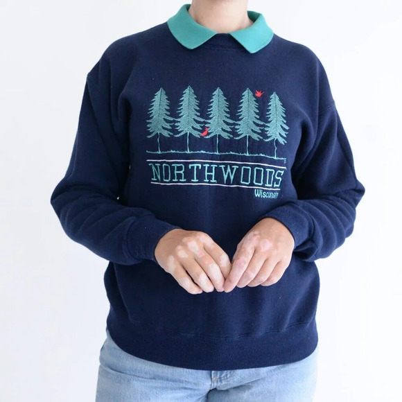 Vintage Lee Heavyweight Navy Embroidered Northwoods Wisconsin Collared Sweater M - Picture 2 of 13